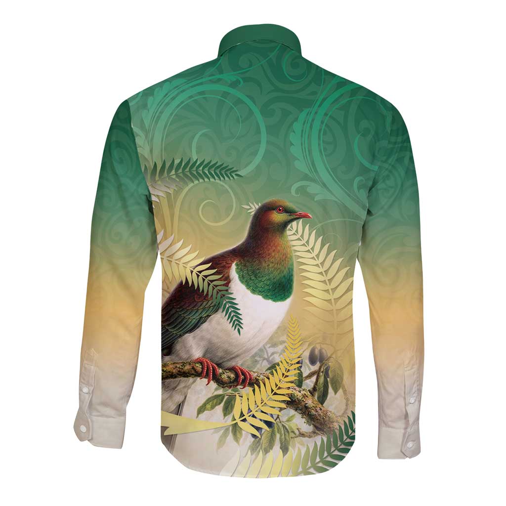 New Zealand Pigeon Kereru Long Sleeve Button Shirt Maori Fern Art Green Gradient - Aussie Hoodie