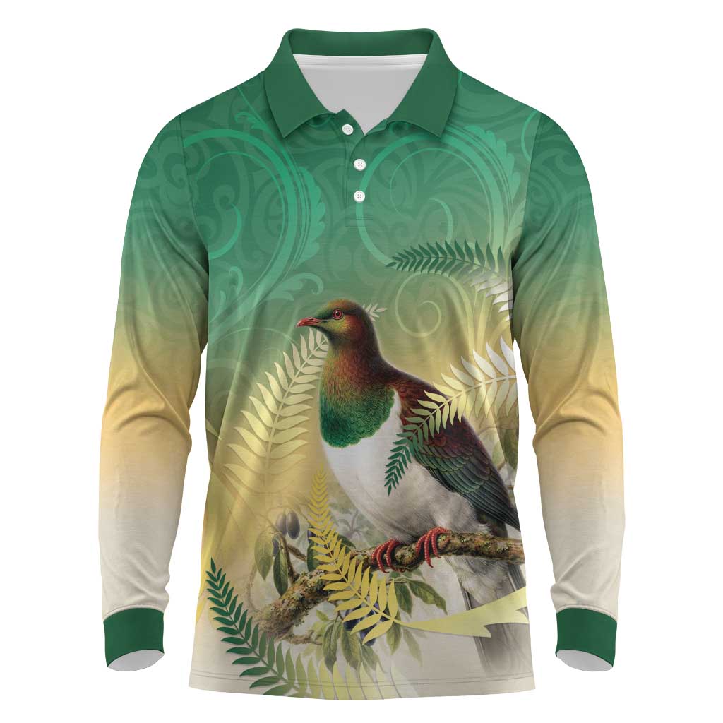New Zealand Pigeon Kereru Long Sleeve Polo Shirt Maori Fern Art Green Gradient - Aussie Hoodie