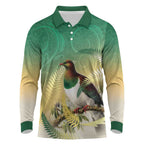 New Zealand Pigeon Kereru Long Sleeve Polo Shirt Maori Fern Art Green Gradient - Aussie Hoodie