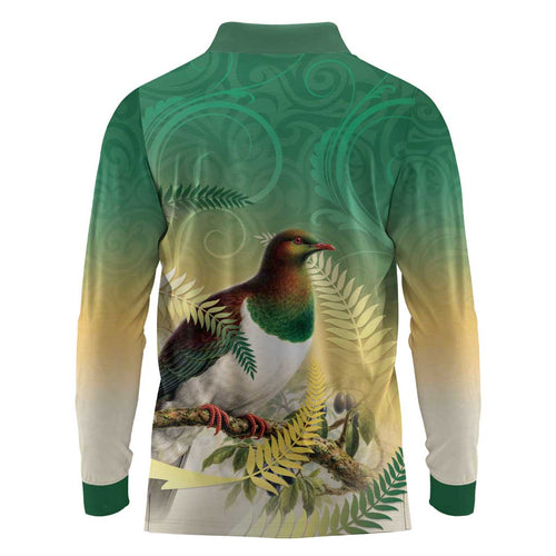 New Zealand Pigeon Kereru Long Sleeve Polo Shirt Maori Fern Art Green Gradient - Aussie Hoodie
