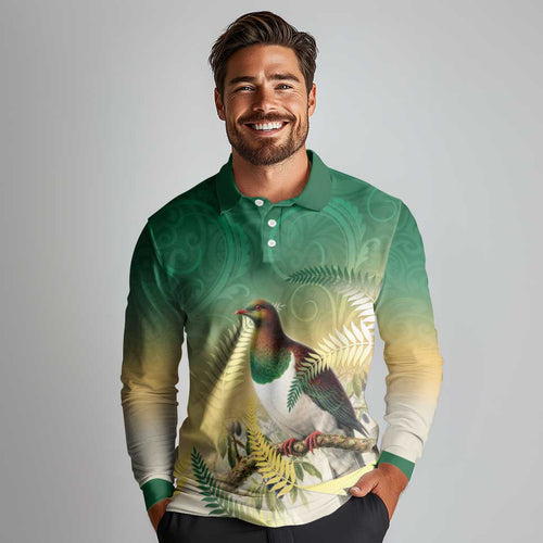New Zealand Pigeon Kereru Long Sleeve Polo Shirt Maori Fern Art Green Gradient - Aussie Hoodie