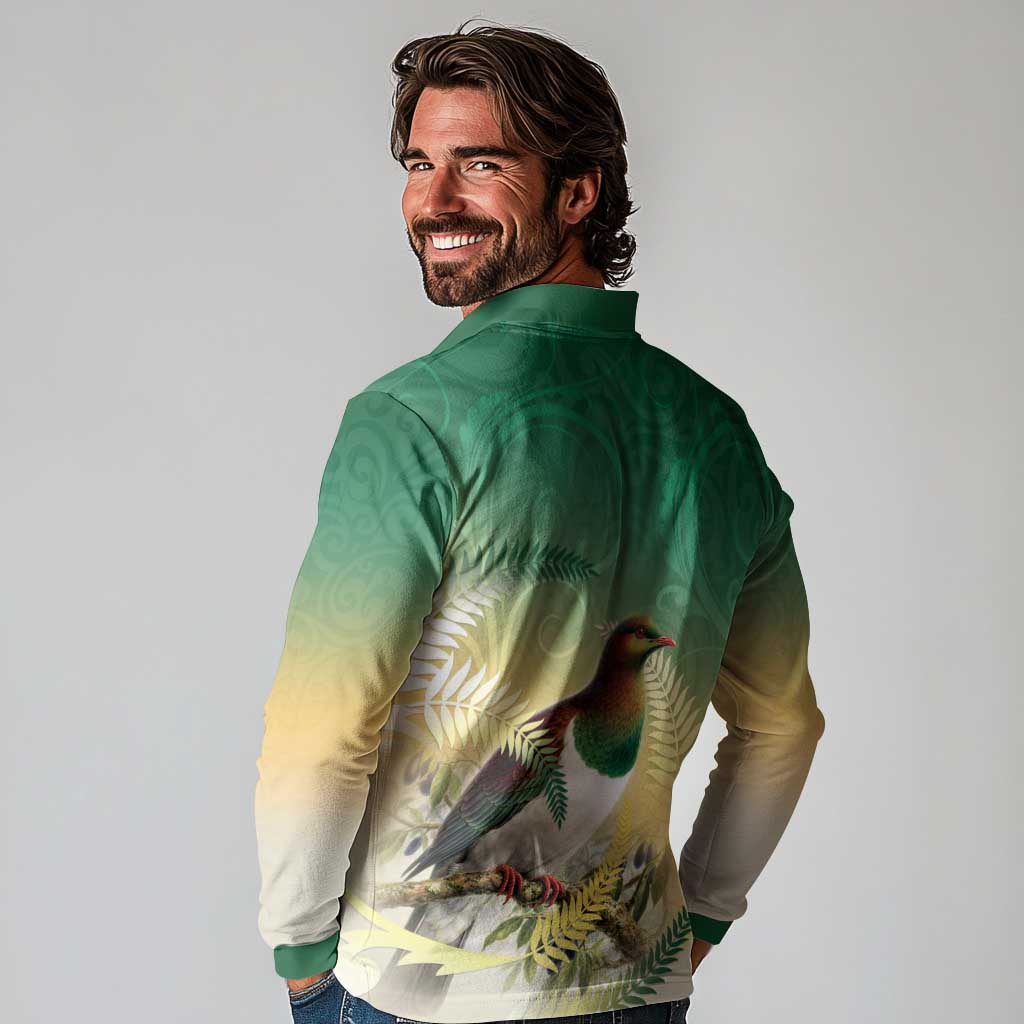 New Zealand Pigeon Kereru Long Sleeve Polo Shirt Maori Fern Art Green Gradient - Aussie Hoodie