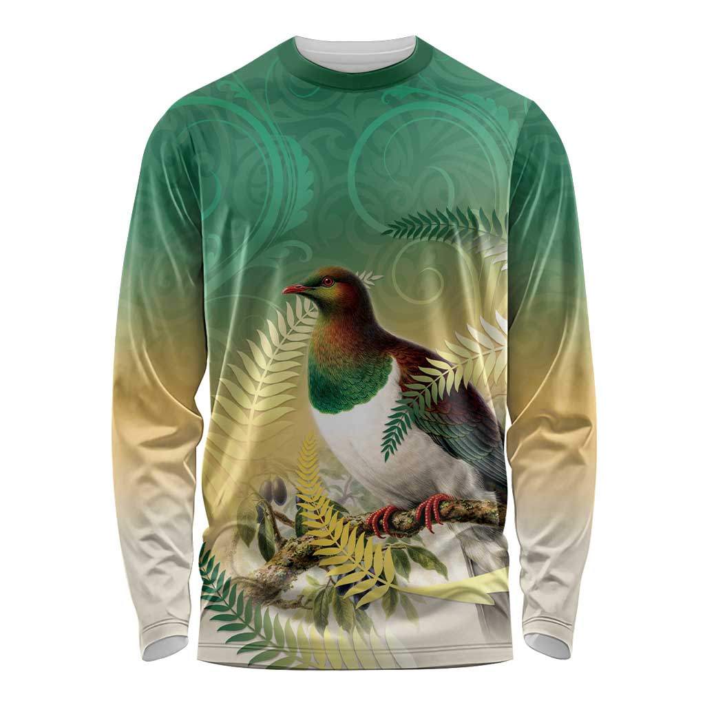 New Zealand Pigeon Kereru Long Sleeve Shirt Maori Fern Art Green Gradient - Aussie Hoodie