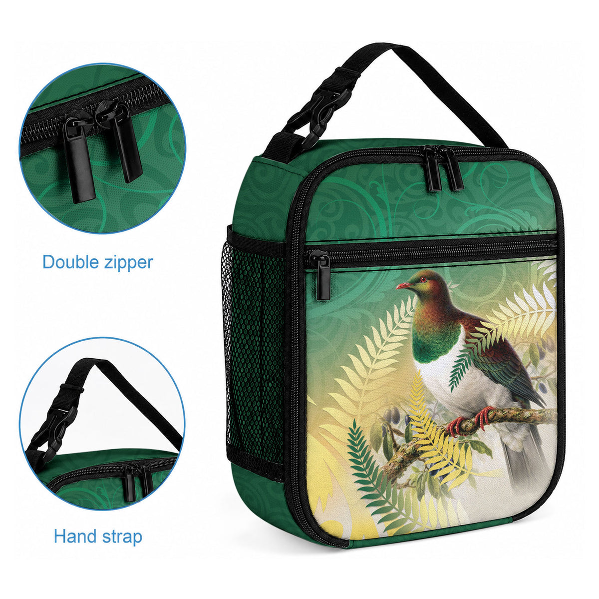 New Zealand Pigeon Kereru Lunch Bag Maori Fern Art Green Gradient