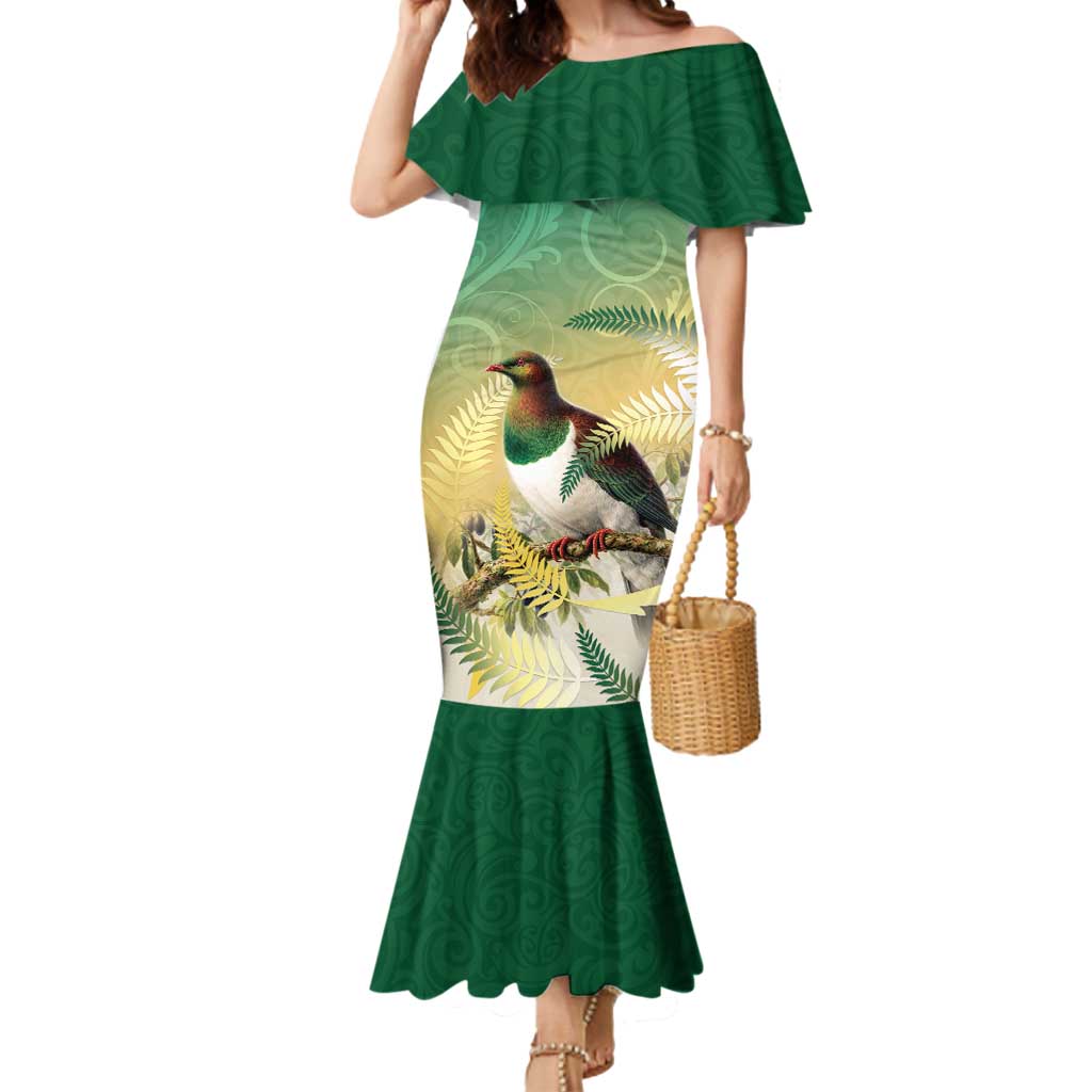 New Zealand Pigeon Kereru Mermaid Dress Maori Fern Art Green Gradient - Aussie Hoodie