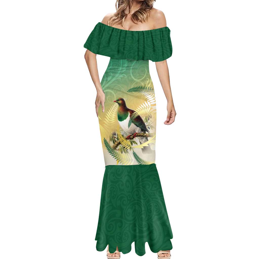 New Zealand Pigeon Kereru Mermaid Dress Maori Fern Art Green Gradient - Aussie Hoodie