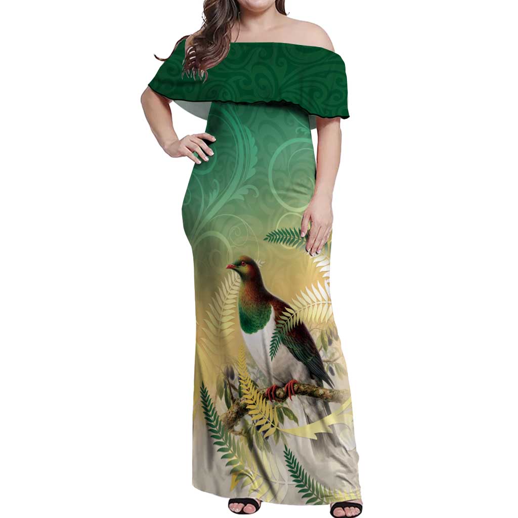 New Zealand Pigeon Kereru Off Shoulder Maxi Dress Maori Fern Art Green Gradient - Aussie Hoodie