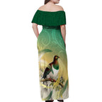 New Zealand Pigeon Kereru Off Shoulder Maxi Dress Maori Fern Art Green Gradient - Aussie Hoodie