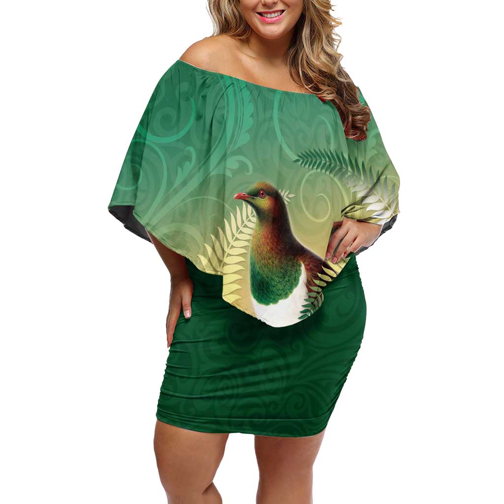 New Zealand Pigeon Kereru Off Shoulder Short Dress Maori Fern Art Green Gradient - Aussie Hoodie
