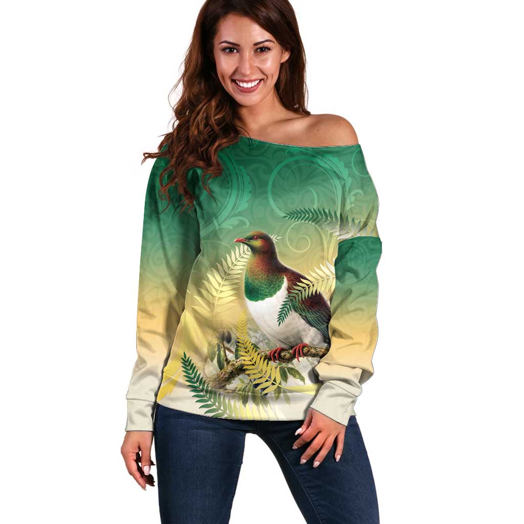New Zealand Pigeon Kereru Off Shoulder Sweater Maori Fern Art Green Gradient - Aussie Hoodie
