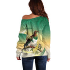 New Zealand Pigeon Kereru Off Shoulder Sweater Maori Fern Art Green Gradient - Aussie Hoodie