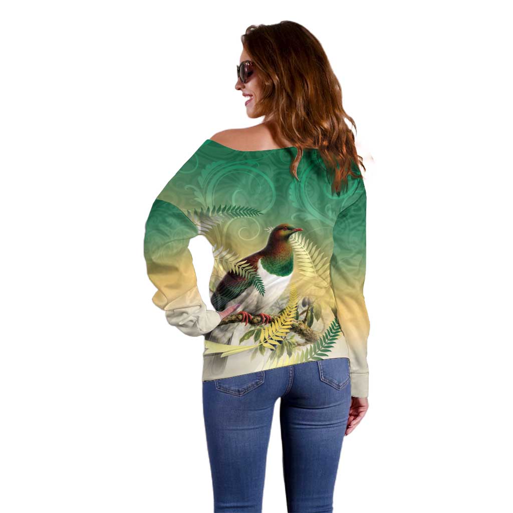 New Zealand Pigeon Kereru Off Shoulder Sweater Maori Fern Art Green Gradient - Aussie Hoodie