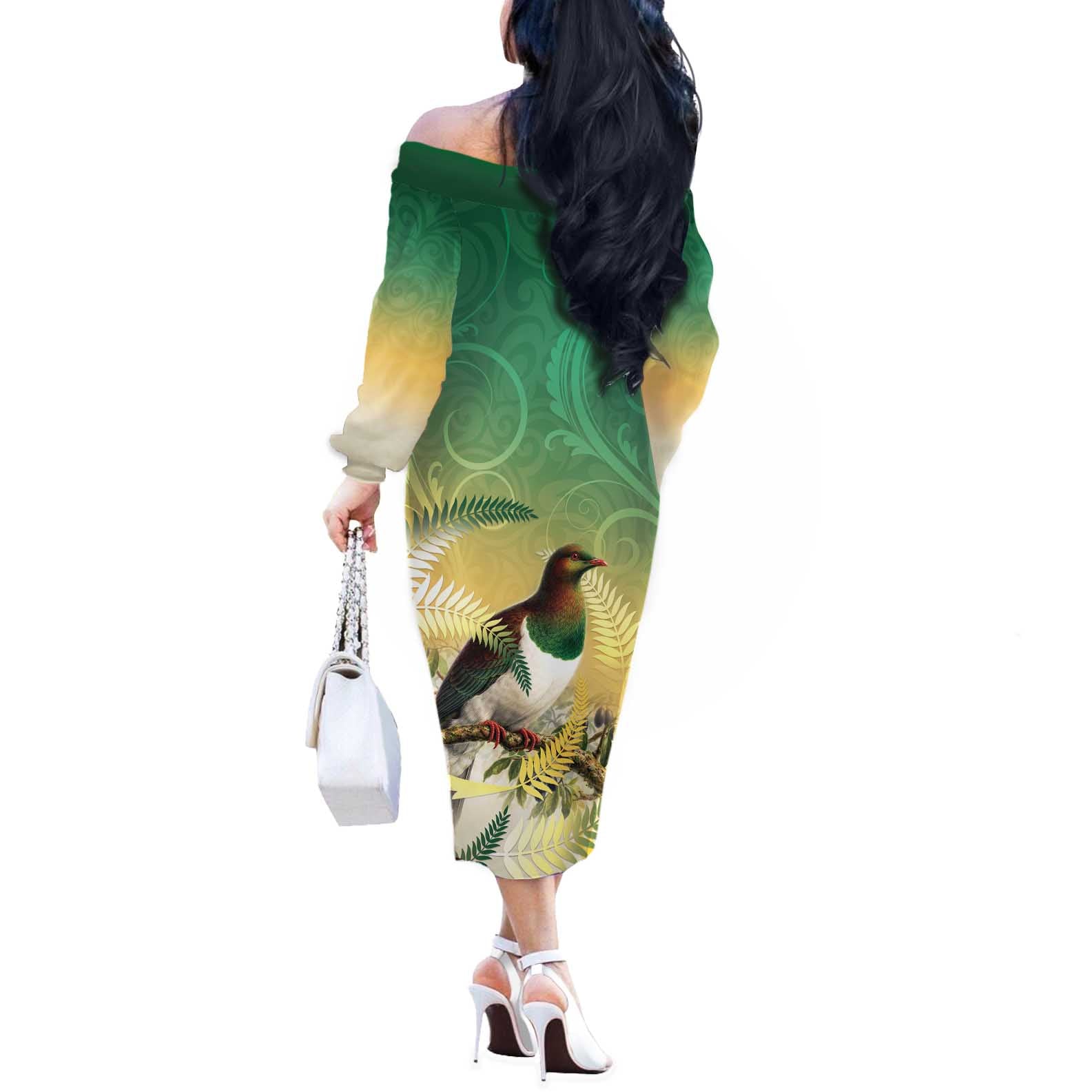 New Zealand Pigeon Kereru Off The Shoulder Long Sleeve Dress Maori Fern Art Green Gradient - Aussie Hoodie