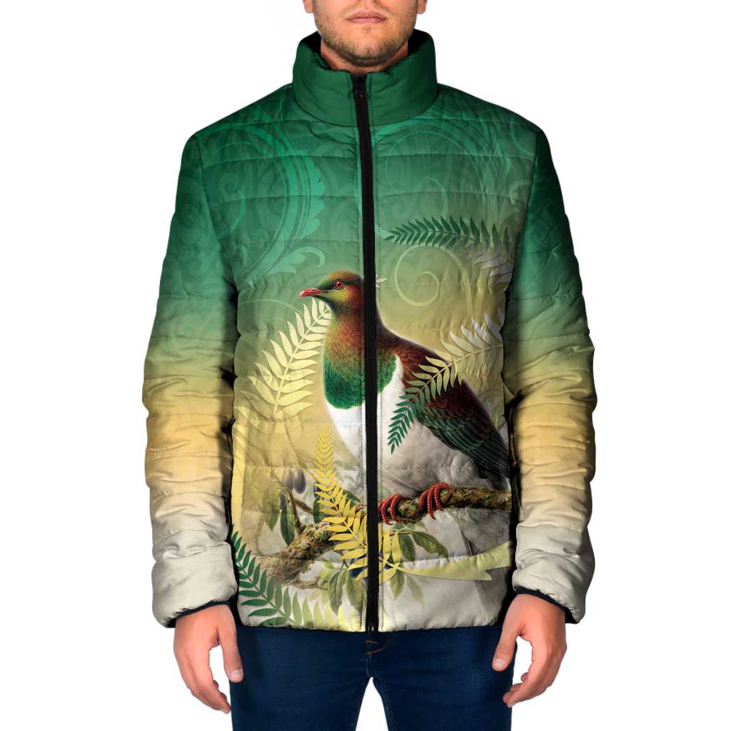 New Zealand Pigeon Kereru Padded Jacket Maori Fern Art Green Gradient - Aussie Hoodie