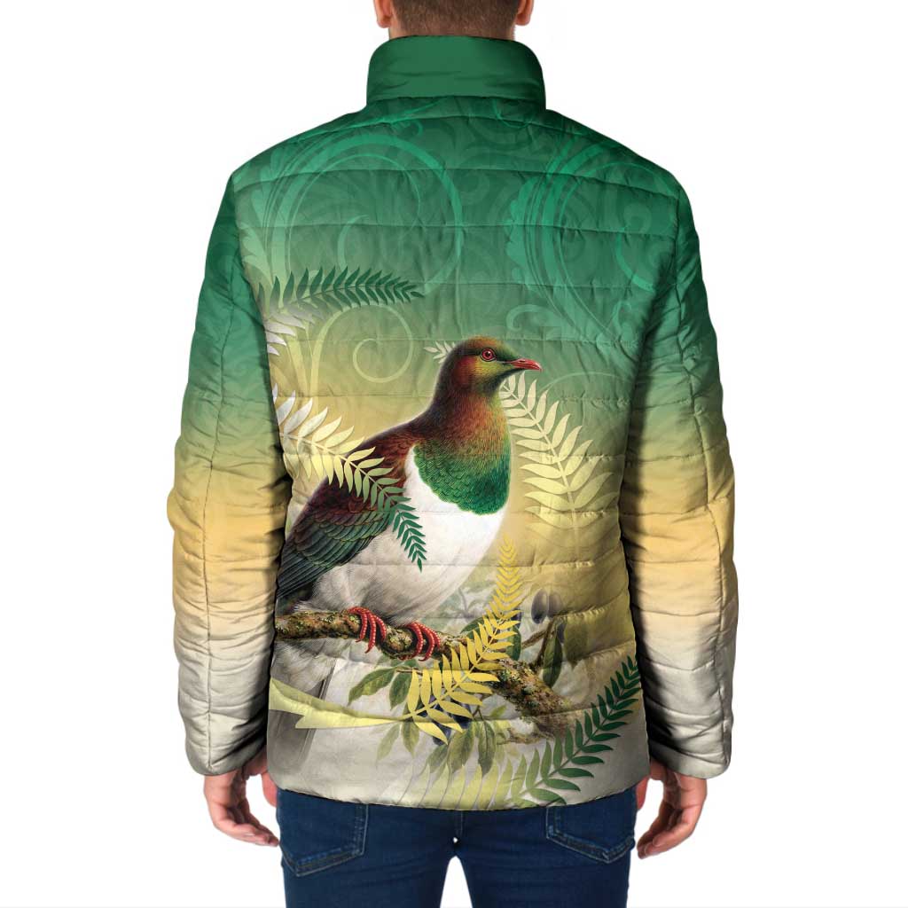 New Zealand Pigeon Kereru Padded Jacket Maori Fern Art Green Gradient - Aussie Hoodie