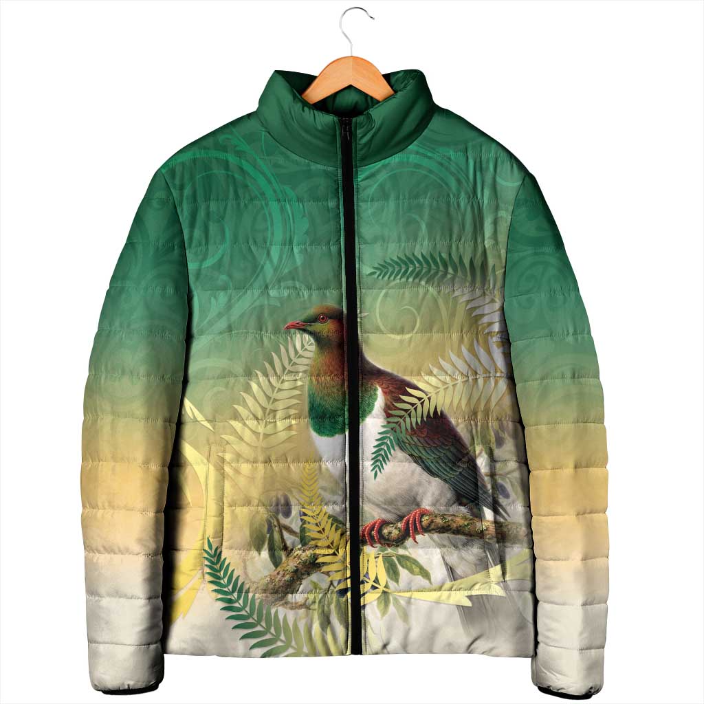 New Zealand Pigeon Kereru Padded Jacket Maori Fern Art Green Gradient - Aussie Hoodie