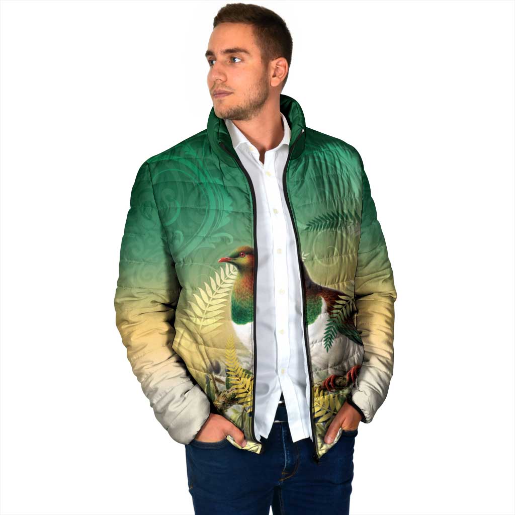 New Zealand Pigeon Kereru Padded Jacket Maori Fern Art Green Gradient - Aussie Hoodie