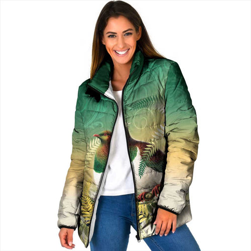New Zealand Pigeon Kereru Padded Jacket Maori Fern Art Green Gradient - Aussie Hoodie