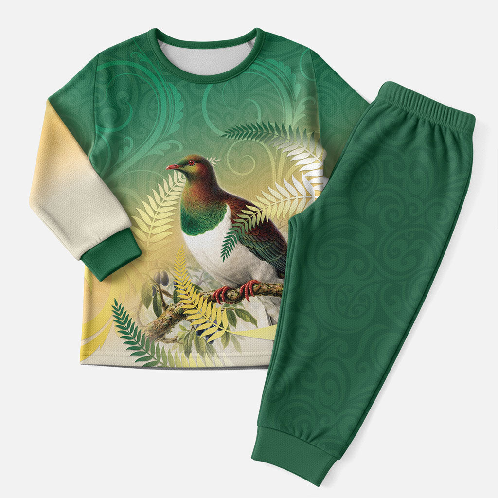 New Zealand Pigeon Kereru Christmas Pajama Set Maori Fern Art Green Gradient