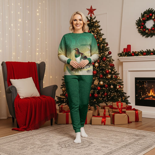 New Zealand Pigeon Kereru Christmas Pajama Set Maori Fern Art Green Gradient