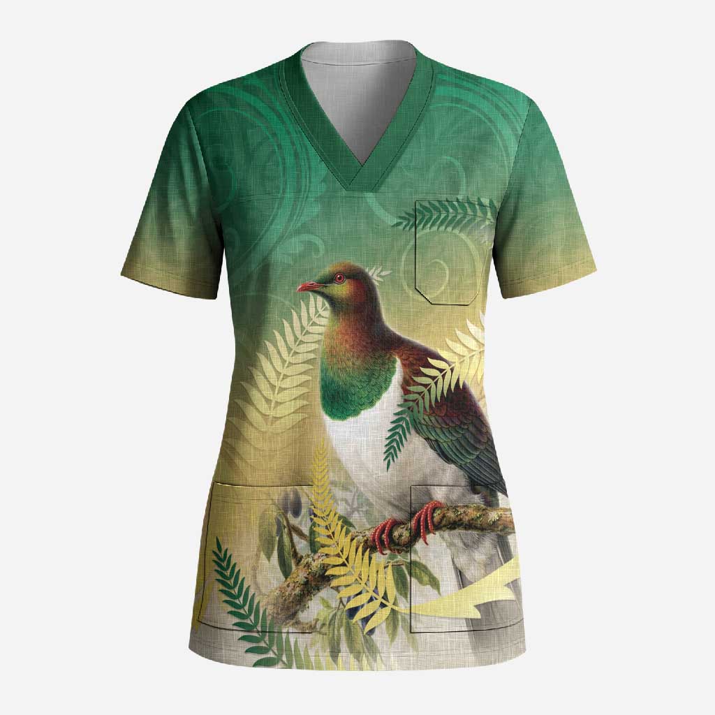 New Zealand Pigeon Kereru Scrub Top Maori Fern Art Green Gradient - Aussie Hoodie