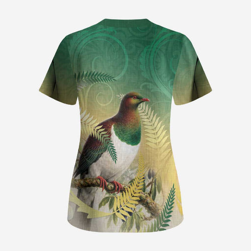 New Zealand Pigeon Kereru Scrub Top Maori Fern Art Green Gradient - Aussie Hoodie