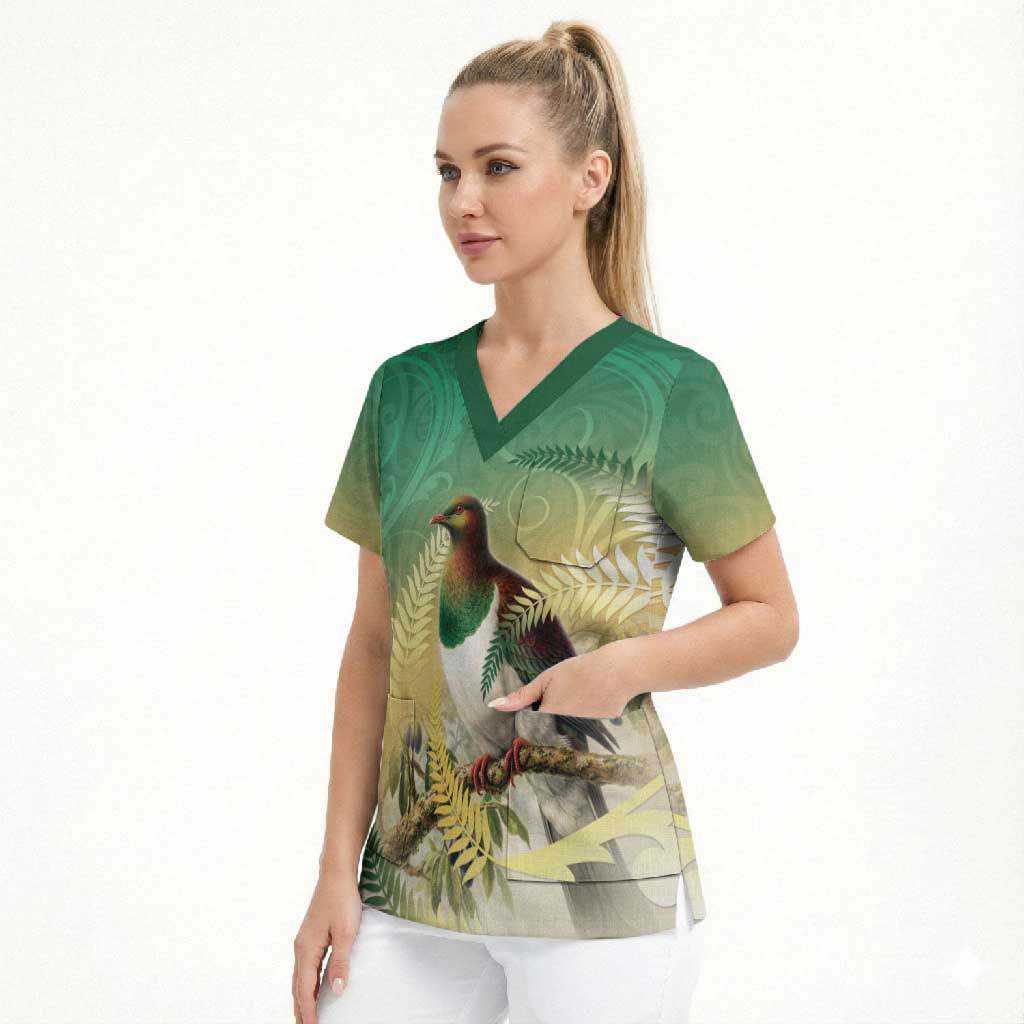New Zealand Pigeon Kereru Scrub Top Maori Fern Art Green Gradient - Aussie Hoodie