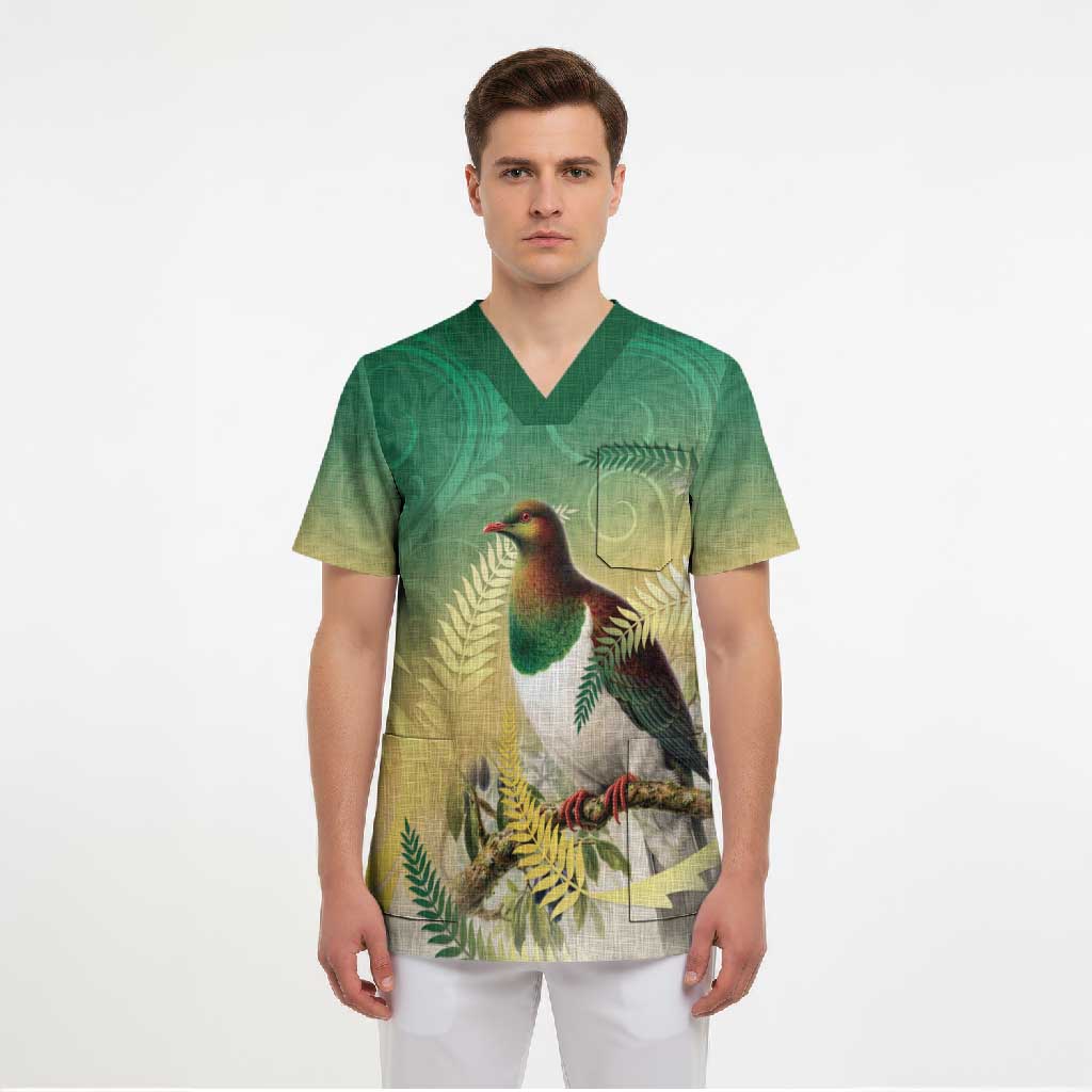 New Zealand Pigeon Kereru Scrub Top Maori Fern Art Green Gradient - Aussie Hoodie
