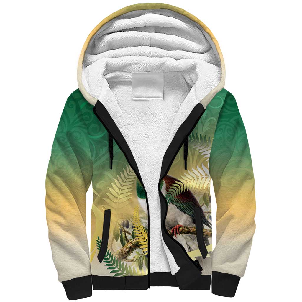 New Zealand Pigeon Kereru Sherpa Hoodie Maori Fern Art Green Gradient - Aussie Hoodie