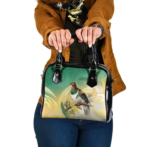 New Zealand Pigeon Kereru Shoulder Handbag Maori Fern Art Green Gradient - Aussie Hoodie