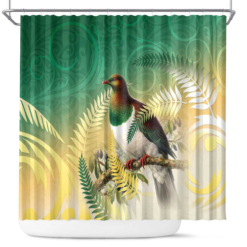 New Zealand Pigeon Kereru Shower Curtain Maori Fern Art Green Gradient - Aussie Hoodie