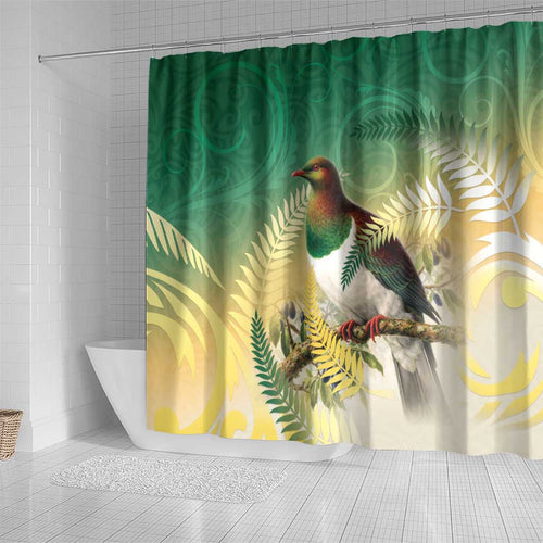 New Zealand Pigeon Kereru Shower Curtain Maori Fern Art Green Gradient - Aussie Hoodie