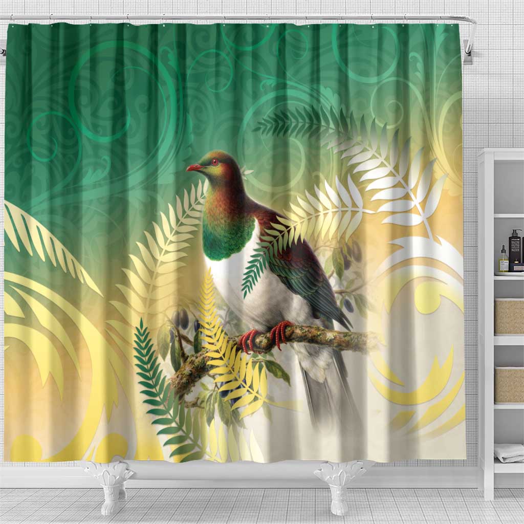 New Zealand Pigeon Kereru Shower Curtain Maori Fern Art Green Gradient - Aussie Hoodie