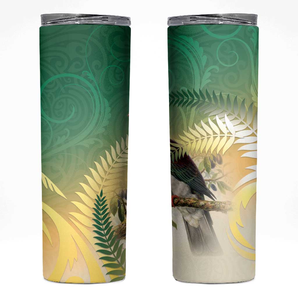 New Zealand Pigeon Kereru Skinny Tumbler Maori Fern Art Green Gradient - Aussie Hoodie