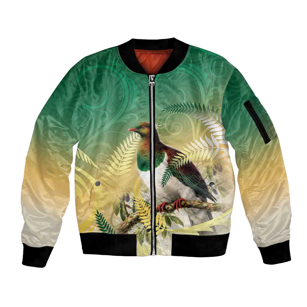 New Zealand Pigeon Kereru Sleeve Zip Bomber Jacket Maori Fern Art Green Gradient - Aussie Hoodie