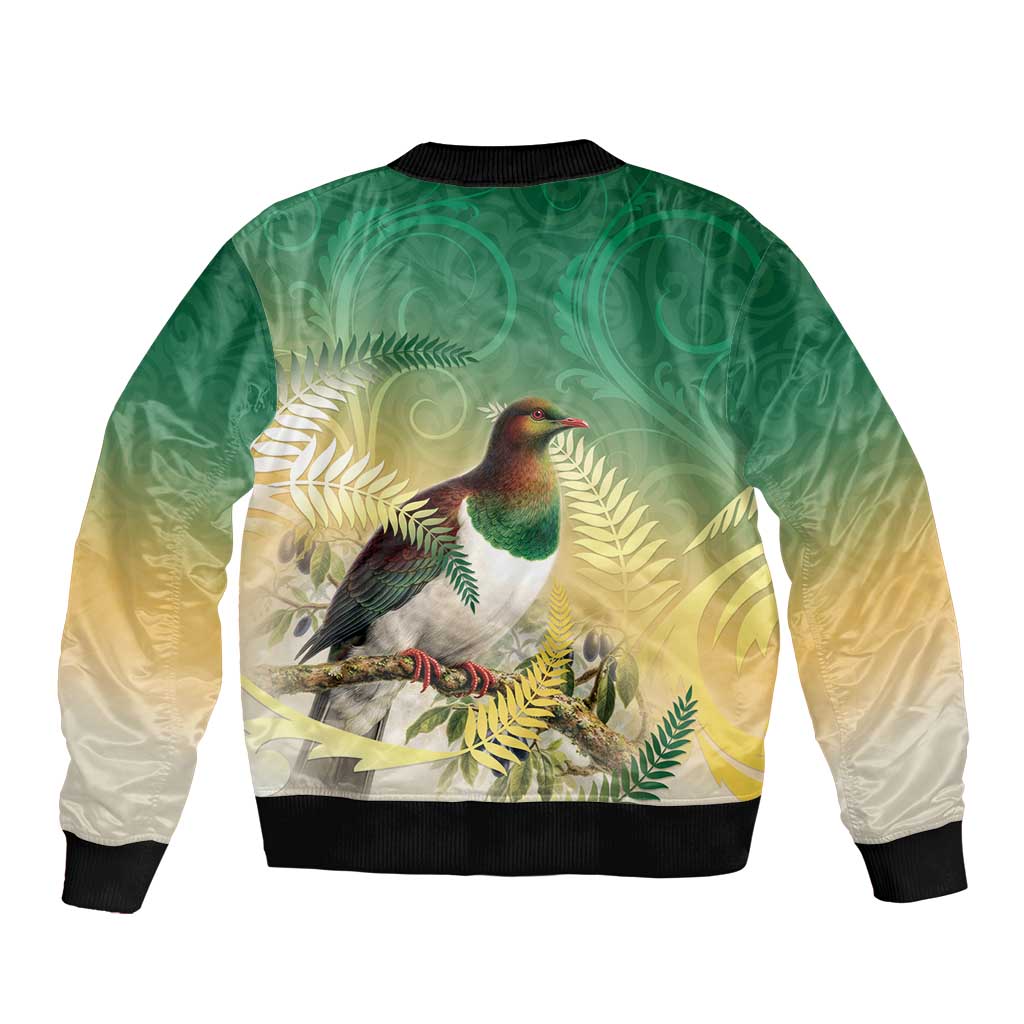 New Zealand Pigeon Kereru Sleeve Zip Bomber Jacket Maori Fern Art Green Gradient - Aussie Hoodie