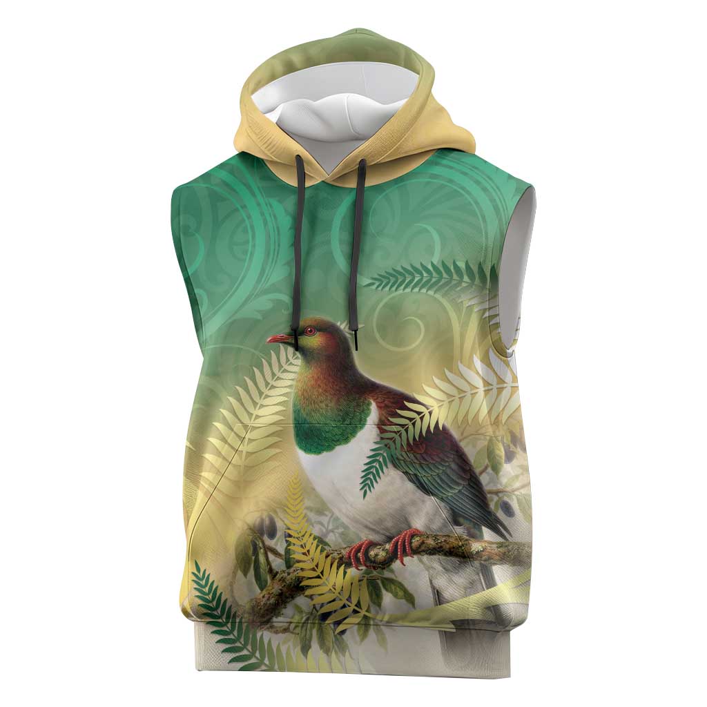 New Zealand Pigeon Kereru Sleeveless Hoodie Maori Fern Art Green Gradient - Aussie Hoodie