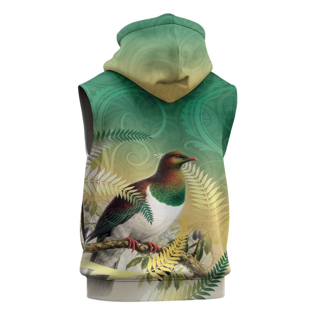 New Zealand Pigeon Kereru Sleeveless Hoodie Maori Fern Art Green Gradient - Aussie Hoodie