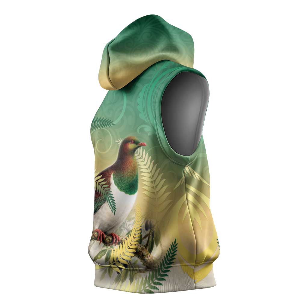 New Zealand Pigeon Kereru Sleeveless Hoodie Maori Fern Art Green Gradient - Aussie Hoodie
