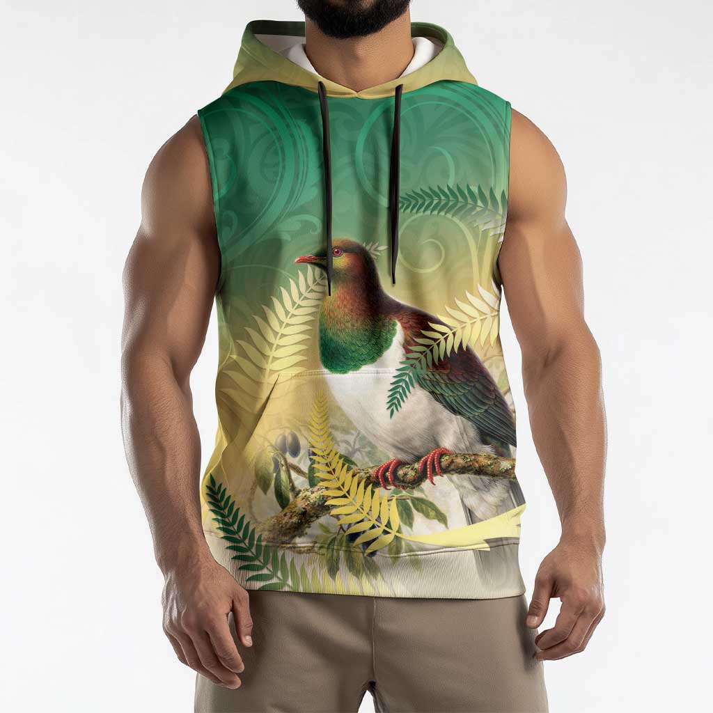 New Zealand Pigeon Kereru Sleeveless Hoodie Maori Fern Art Green Gradient - Aussie Hoodie