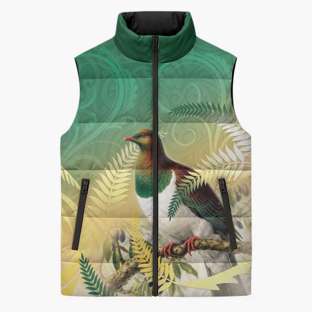 New Zealand Pigeon Kereru Sleeveless Puffer Jacket Maori Fern Art Green Gradient - Aussie Hoodie