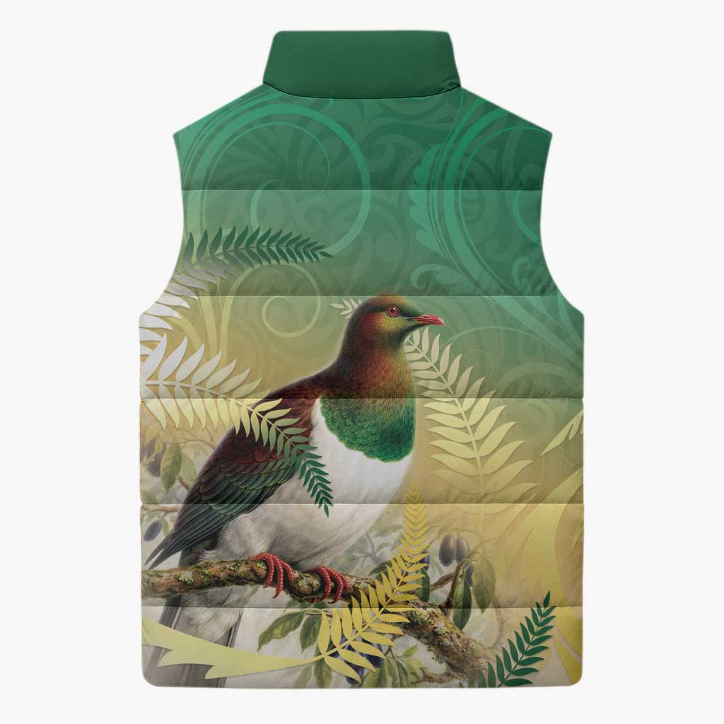 New Zealand Pigeon Kereru Sleeveless Puffer Jacket Maori Fern Art Green Gradient - Aussie Hoodie