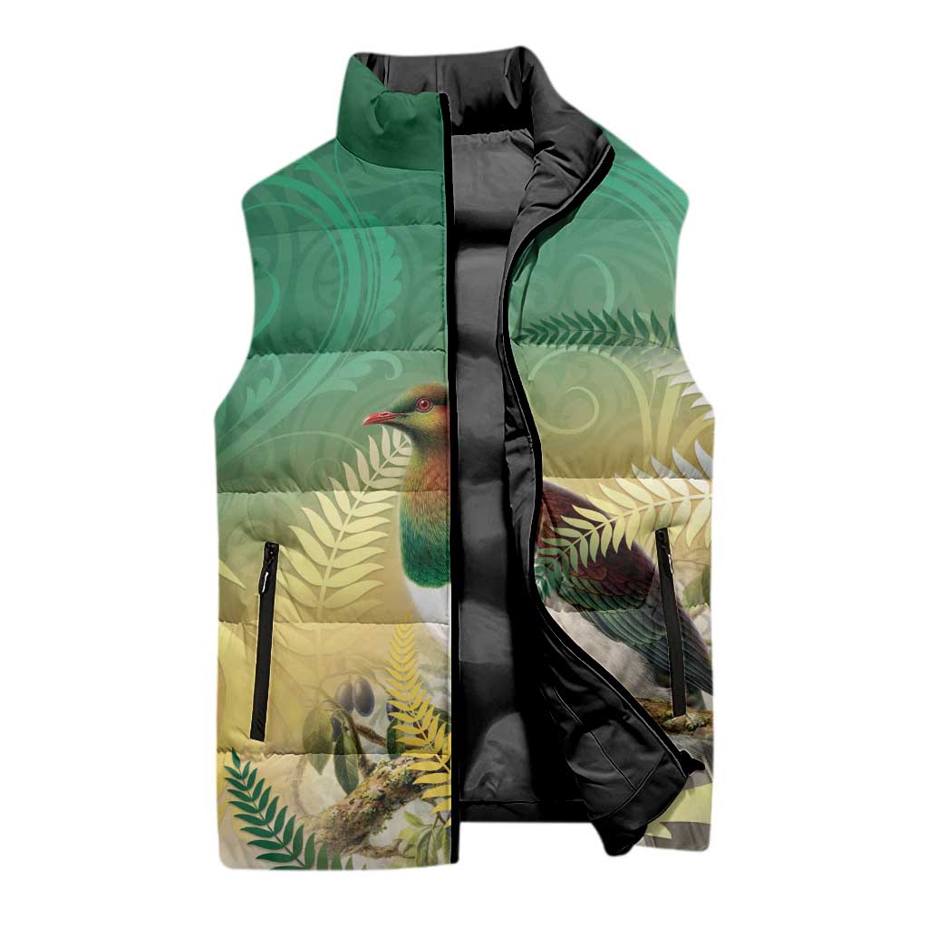 New Zealand Pigeon Kereru Sleeveless Puffer Jacket Maori Fern Art Green Gradient - Aussie Hoodie
