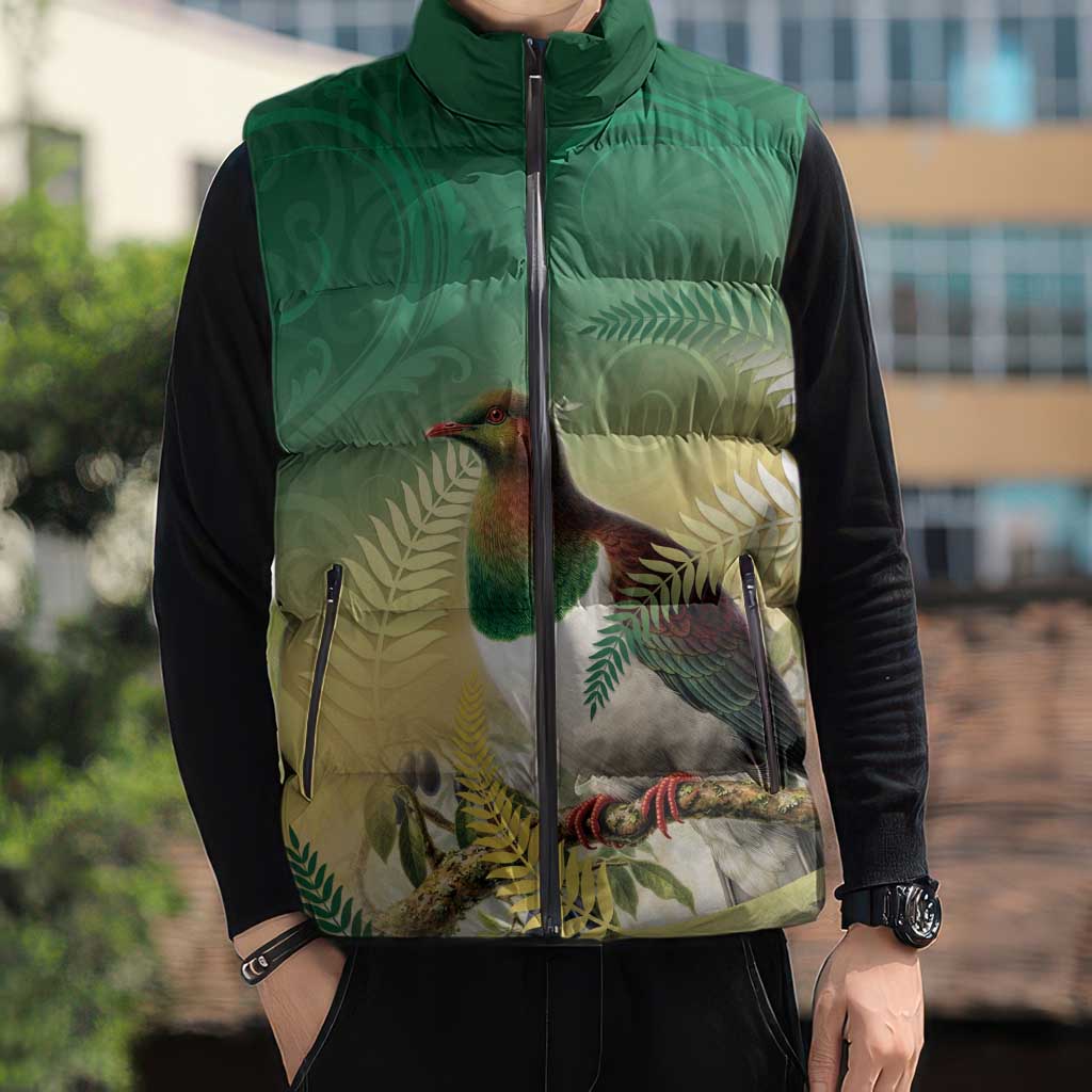 New Zealand Pigeon Kereru Sleeveless Puffer Jacket Maori Fern Art Green Gradient - Aussie Hoodie