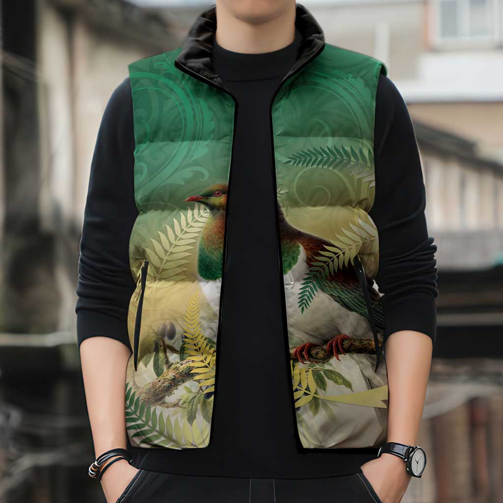 New Zealand Pigeon Kereru Sleeveless Puffer Jacket Maori Fern Art Green Gradient - Aussie Hoodie
