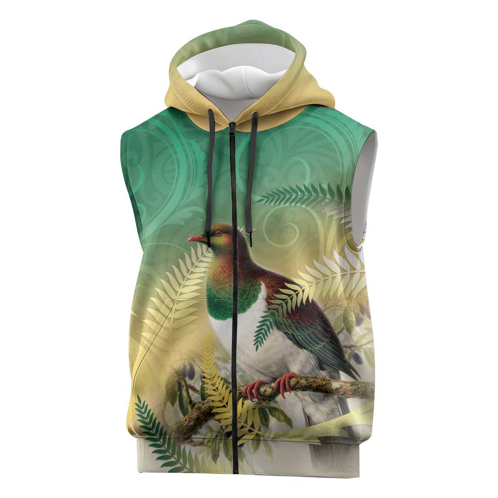 New Zealand Pigeon Kereru Sleeveless Zip Hoodie Maori Fern Art Green Gradient - Aussie Hoodie