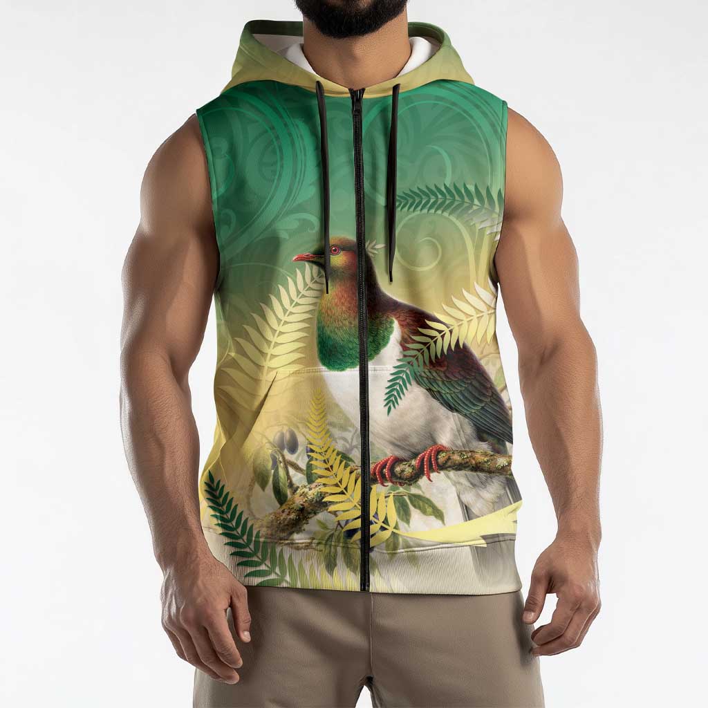 New Zealand Pigeon Kereru Sleeveless Zip Hoodie Maori Fern Art Green Gradient - Aussie Hoodie