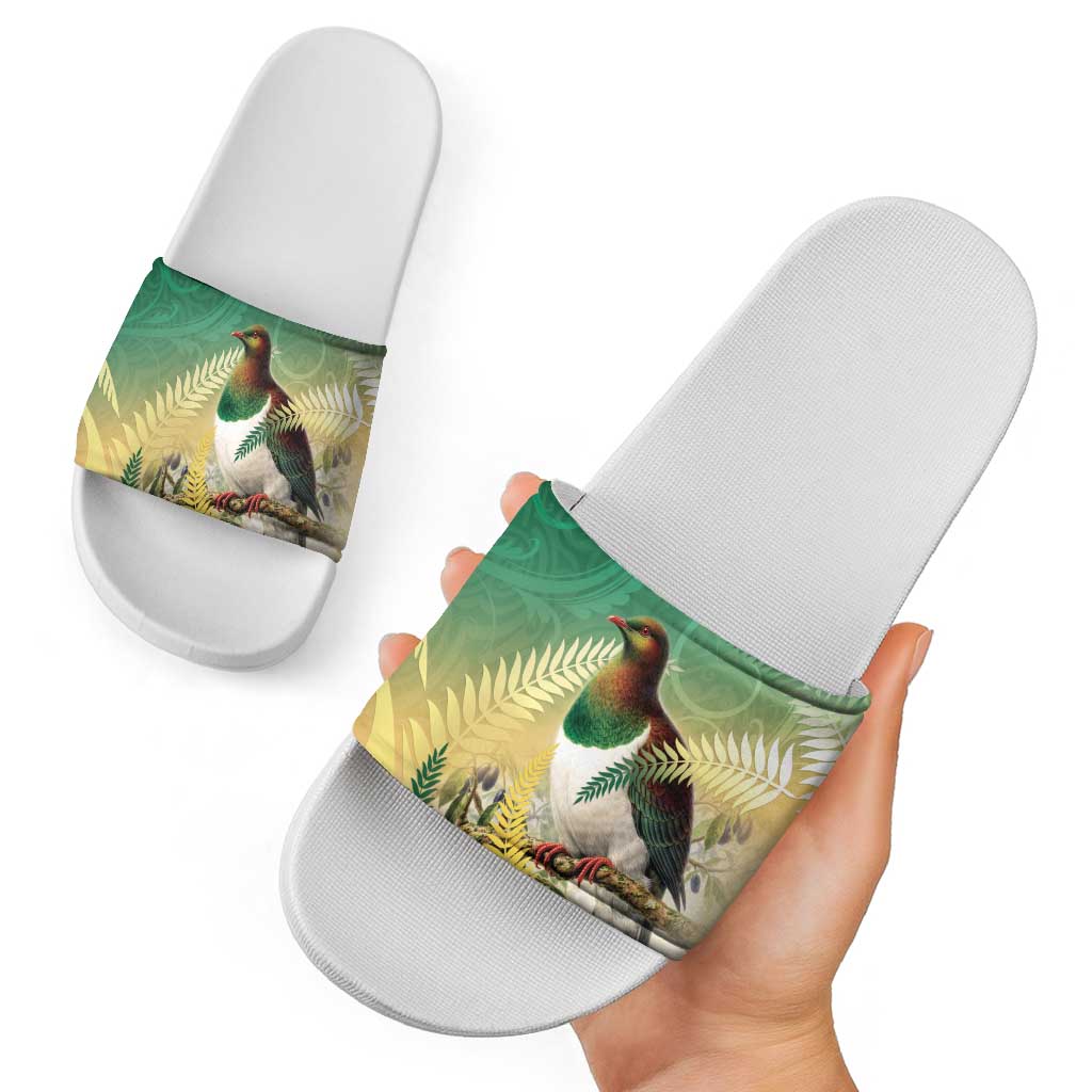 New Zealand Pigeon Kereru Slide Sandals Maori Fern Art Green Gradient - Aussie Hoodie
