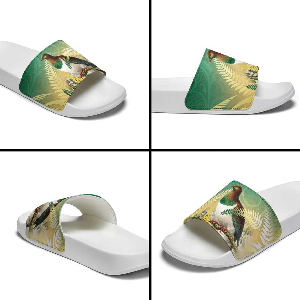 New Zealand Pigeon Kereru Slide Sandals Maori Fern Art Green Gradient - Aussie Hoodie