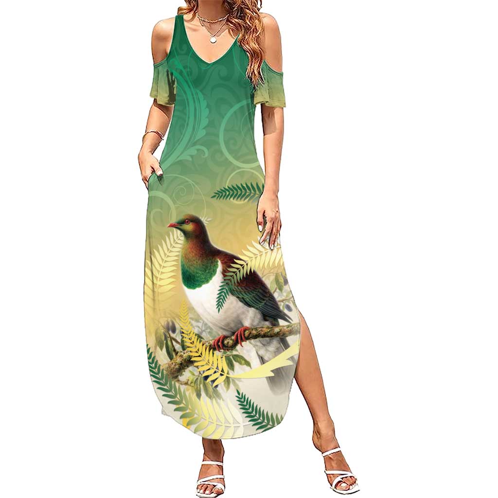 New Zealand Pigeon Kereru Summer Maxi Dress Maori Fern Art Green Gradient - Aussie Hoodie